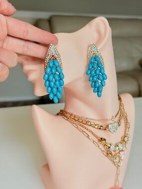 Gold-Tone Turquoise Cluster Drop Earrings